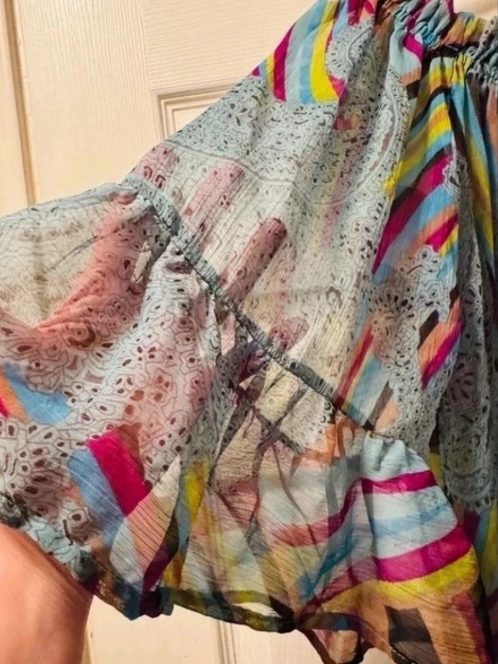 Off-Shoulder Multicolor Striped Ruffle-Sleeve Blouse - Picture 3 of 5